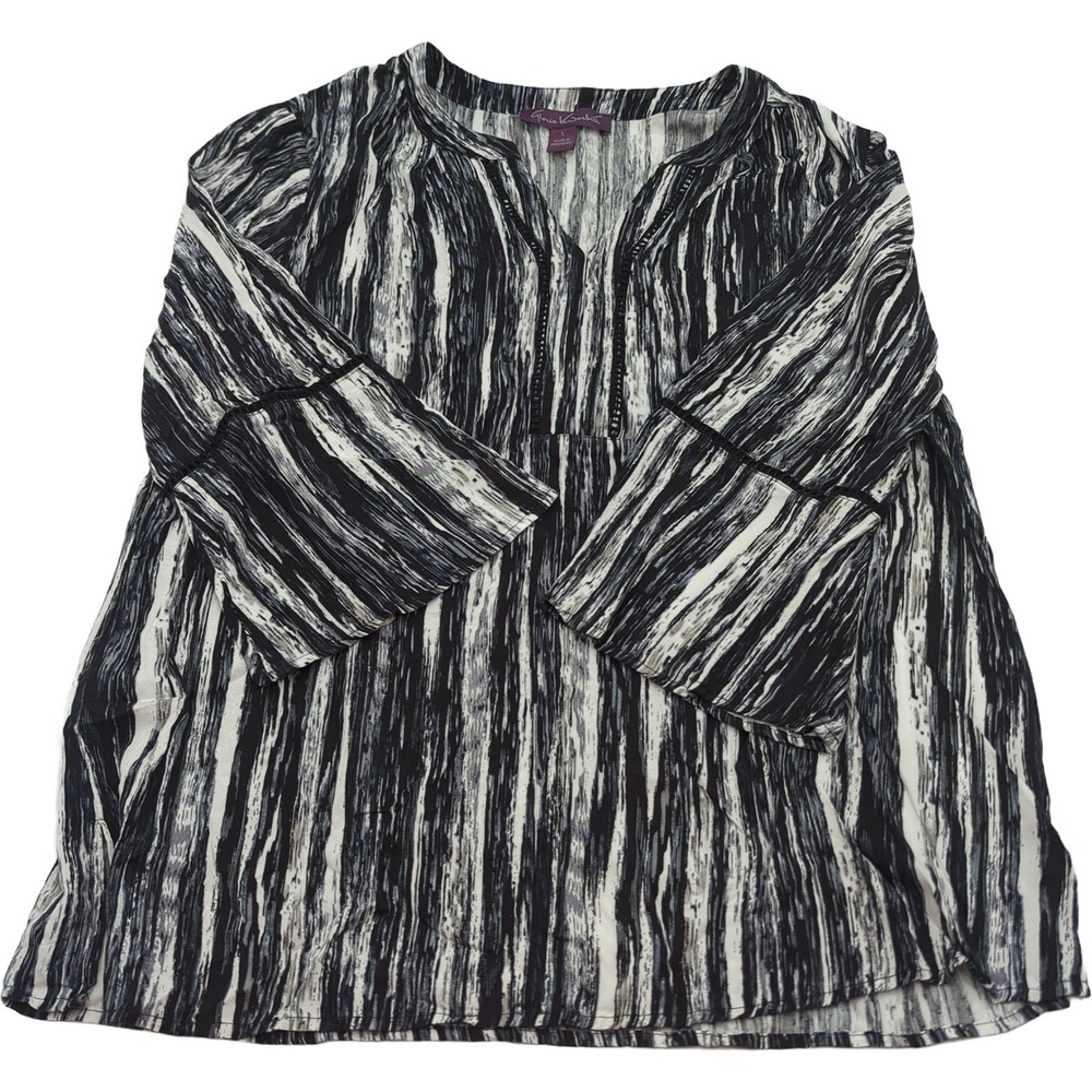 Gloria Vanderbilt Nova Tunic Top Black White Abstract Print Bell Sleeve Large
